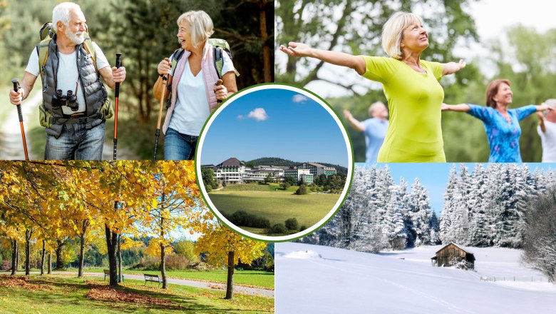 Jahreszeiten-Packages, © Moorheilbad Harbach Collage mit älterem Paar beim Wandern, Menschen bei Gymnastik, herbstlicher Park, verschneite Landschaft und Hotel in der Mitte.