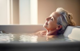 Eine &auml;ltere Frau entspannt sich in einer Badewanne mit geschlossenen Augen und einem zufriedenen L&auml;cheln.